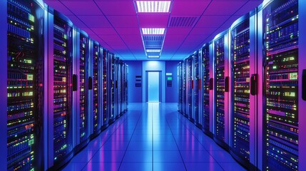 A server room with rows of server racks, lit with pink and blue lights.
