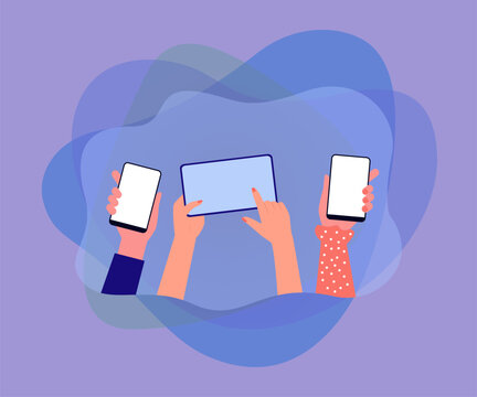 Hands of women holding smartphones with empty screen. People with mobile phones flat vector illustration. Technology, communication, social network or media concept for banner or landing web page