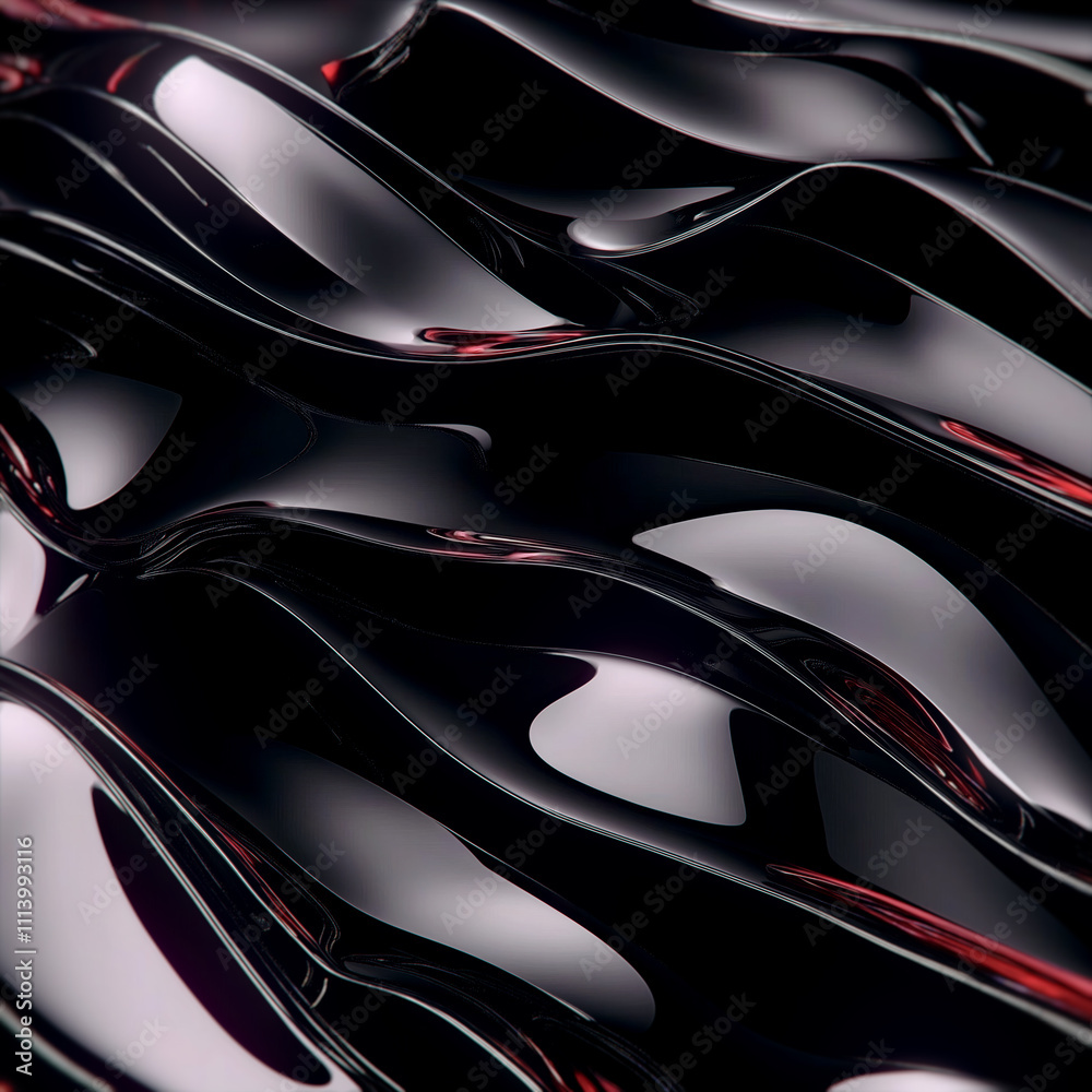 Aufkleber An abstract composition of glossy black waves with smooth curves, with thin red lines showing through between the waves, adding depth, mystery and dynamism to the composition