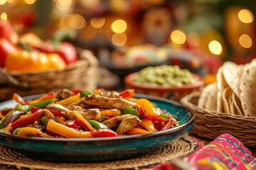 Fototapeta premium カラフルな野菜と鶏肉のファヒータ、トルティーヤとワカモレ付きのメキシカンディナー | Colorful vegetable and chicken fajitas with tortillas and guacamole