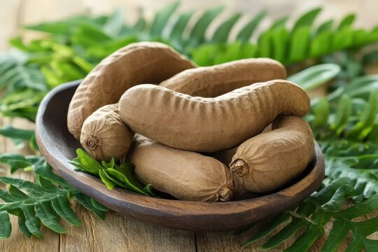 Green leaves of isolated tamarind fruit