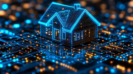 Holographic house symbol integrated within a digital circuit landscape