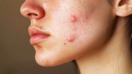 Close-Up of Woman's Face with Acne and Skin Texture - Realistic View of Pores and Pimples