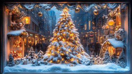 雪化粧されたクリスマスツリーとにぎやかな街並み