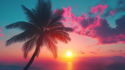 Retro 80's tropical sunset with iconic palm silhouettes and neon hues picture