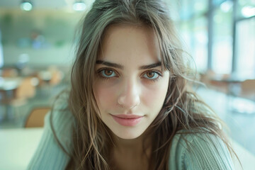Young teen Enjoying Lunch in School or College Cafeteria Setting with Salad Bowls and Warm Lighting, Generative Ai