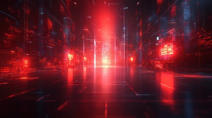 Obraz premium A futuristic digital environment with glowing red lights and abstract data patterns.