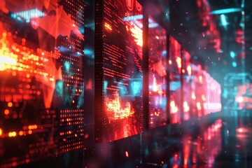 Dynamic art displaying several firewalls warding off threats , A computer screen illuminated by vibrant red and blue lights, creating a striking visual effect.