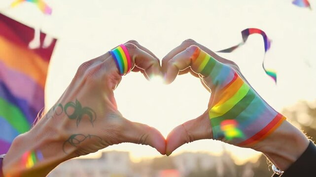 Hand making a heart sign with gay pride LGBT rainbow flag. generative ai 