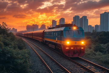 Fototapeta premium Sunset Train Journey Through Urban Landscape