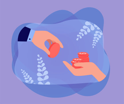 Businesswoman giving bitcoin to hand holding out dollar coins. Investment of person in cryptocurrency flat vector illustration. Digital money concept for banner, website design or landing web page