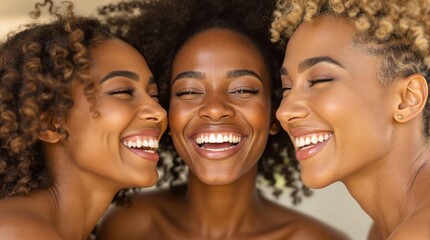 Joyful group of diverse women with radiant smiles and glowing skin, celebrating natural beauty, friendship, and happiness in a warm and vibrant close-up portrait.
