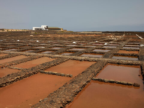 Salt flats with crystallized salt mounds under a cloudy sky, with a building in the background, Fuerteventura, Spain