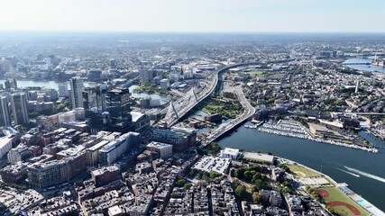 Aerial view of Boston Bay with yachts in it. Helicopter view from above. Massachusetts, USA