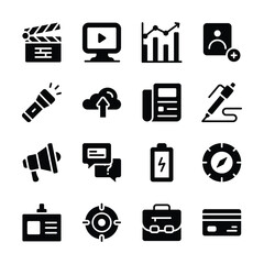 A collection of simple icons representing various business and communication tools