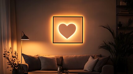 Simple love heart frame on a taupe wall, warm lighting, minimalist boho decor