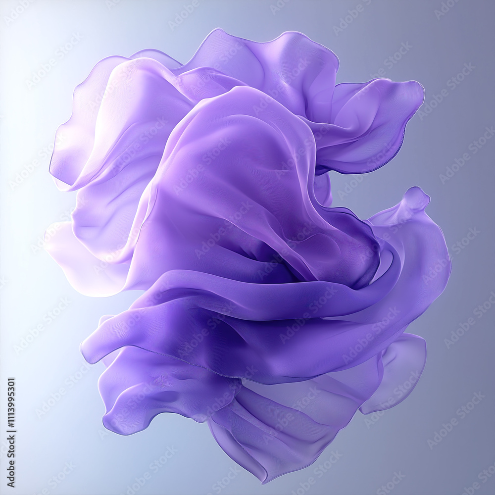 Aufkleber Abstract three-dimensional illustration with soft, undulating shapes of transparent fabric flying in the breeze in shades of purple and lavender. A modern design with a sense of lightness, airiness an