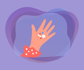 Hand of woman holding medical pills. Female patient taking antibiotic, painkiller, antidepressant medications to treat diseases flat vector illustration. Doctors prescription, pharmacy store concept