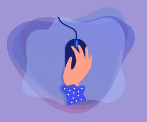 Hand of woman holding computer mouse. Person clicking button with finger, using PC equipment, top view flat vector illustration. Technology concept for banner, website design or landing web page