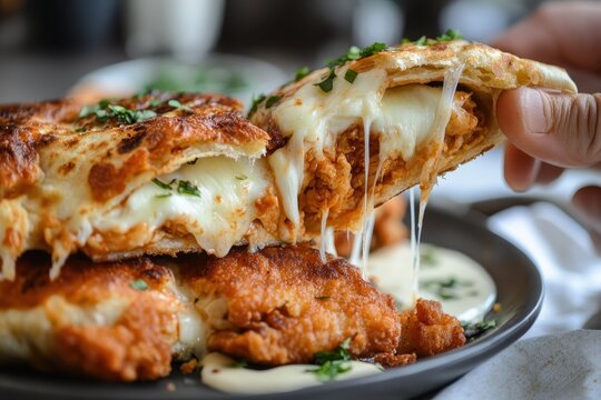 Hand grabbing a slice of cheesy fried chicken stuffed naan with mozzarella quesadilla