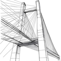 Fototapeta premium Technical CAD line drawing of a suspension bridge, showing the tension cables, towers, and cross-sectional details