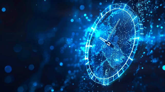 futuristic digital clock light effect. A glowing silhouette of a clock representing time. Background laser blue neon clock vector illustration