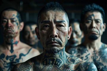 Obraz premium Generative AI Image of Intense Asian Gangster with Tattooed Face in Criminal Mafia Group