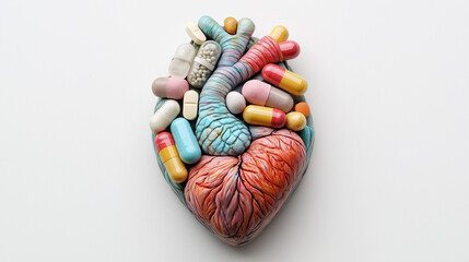 Anatomical human heart made of colorful pills and capsules on a white background, concept of healthcare and medicine.