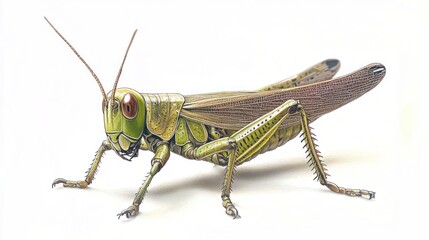 realistic Grasshopper draw on canvas, white background.