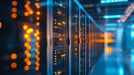 A long hallway in a data center with server racks on either side, lit with blue and white lights.