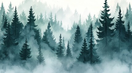 A Misty Forest of Tall Evergreen Trees