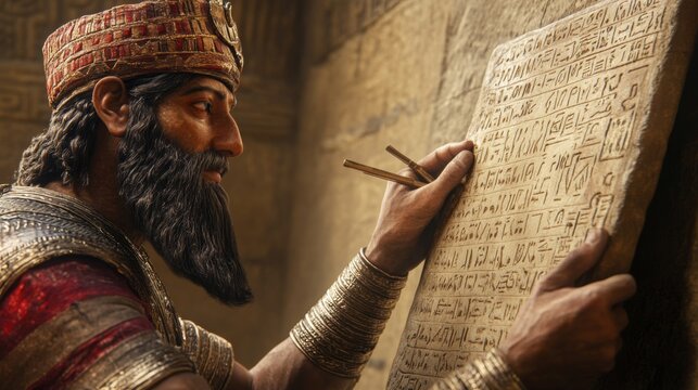 Ancient Scribe Writing on Clay Tablet