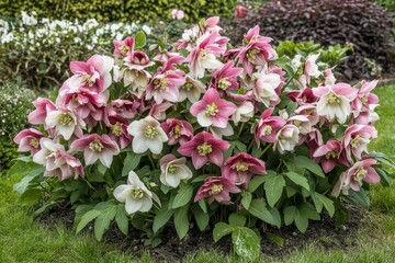 Helleborus niger pink and white Christmas rose cultivated in a UK garden