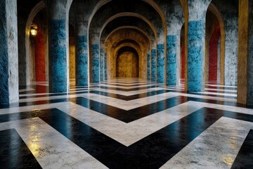 Obraz premium Abstract Architectural Interior with Geometric Floor and Colorful Columns