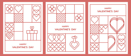Set of Valentine's Day invitation cards.Modern geometric design with red hearts on white background.Vector template for cover,poster.