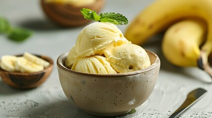 A banana ice cream bowl isolated on a earthen surface