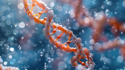 Beautiful spiral of blue DNA double helix with light bokeh and bubbles, gracefully floating on a blue background