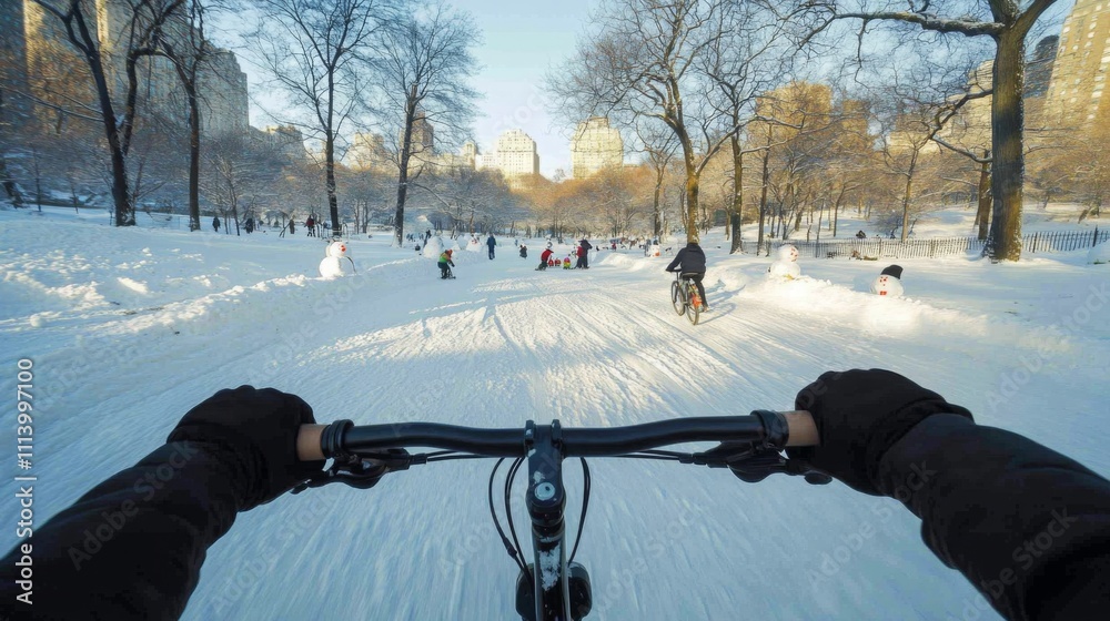 Poster riding a bike through a snow-covered park in winter, with trees lining the path and people enjoying 
