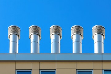 空を背景にした建物の屋上に並ぶ排気筒のクローズアップ写真