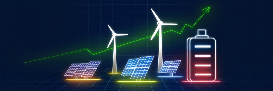 Illustration of renewable energy sources with growth chart and battery icon.