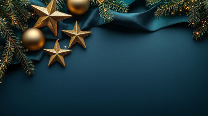 A serene top-down view of a minimalistic Christmas arrangement with gold star ornaments and pine branches, ideal for holiday cards, decorations, or festive marketing.