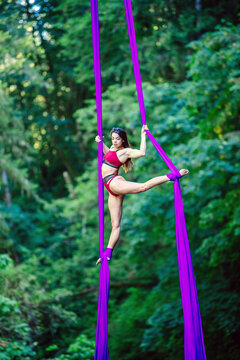 Aerial silks performer executing a pose in mid-air with vibrant purple silk fabric in a lush green outdoor setting, USA