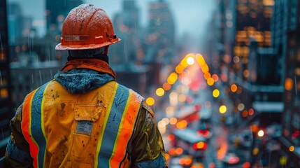Construction worker wearing safety gear overlooking an development construction site and team outdoor for building project in the background. Engineering, planning and architecture