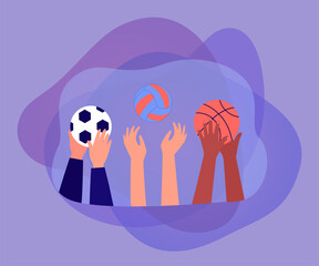Players hands holding balls for football, basketball, volleyball. Group of people playing team games flat vector illustration. Sport, recreation concept for banner, website design or landing web page