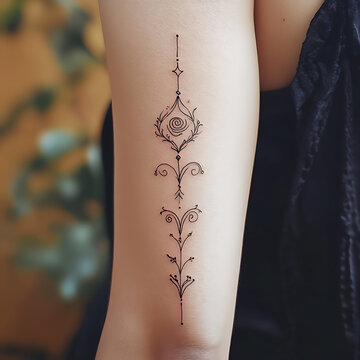Elegant unalome henna design on forearm, featuring intricate lines and floral elements, symbolizing spiritual growth and enlightenment
