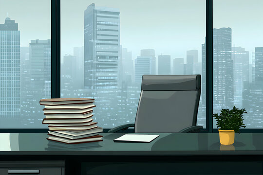 Modern office desk with city view, stacked books, empty chair, and small plant.  Perfect for business, finance, or corporate themes.