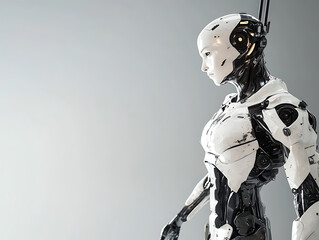 humanoid robot with human like face and metallic limbs stands in profile, showcasing blend of technology and artistry. sleek design emphasizes its futuristic features and intricate details