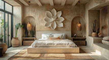  A white lotus flower artwork on a bedroom wall.