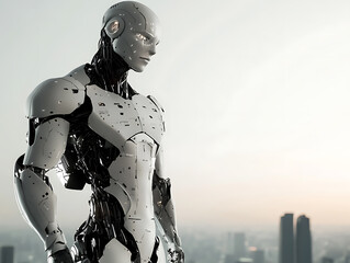 full body cyborg with human face stands against city skyline, showcasing advanced technology and sleek design. contrast of metal and human features evokes sense of futuristic innovation