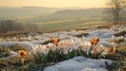 A serene landscape capturing crocuses blooming through the melting snow at sunset
